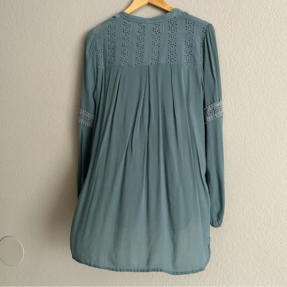 Knox Rose Green Hi-Low Gauze Tunic Crochet Lace Yoke Long Sleeves Large Boho - Picture 3 of 10